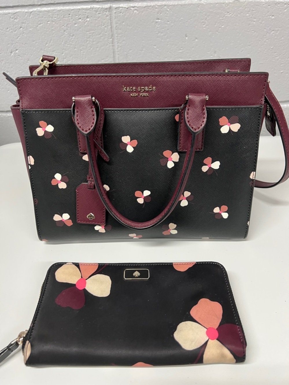 kate spade Black & Burgundy Floral Leather Satchel with Matching Wallet